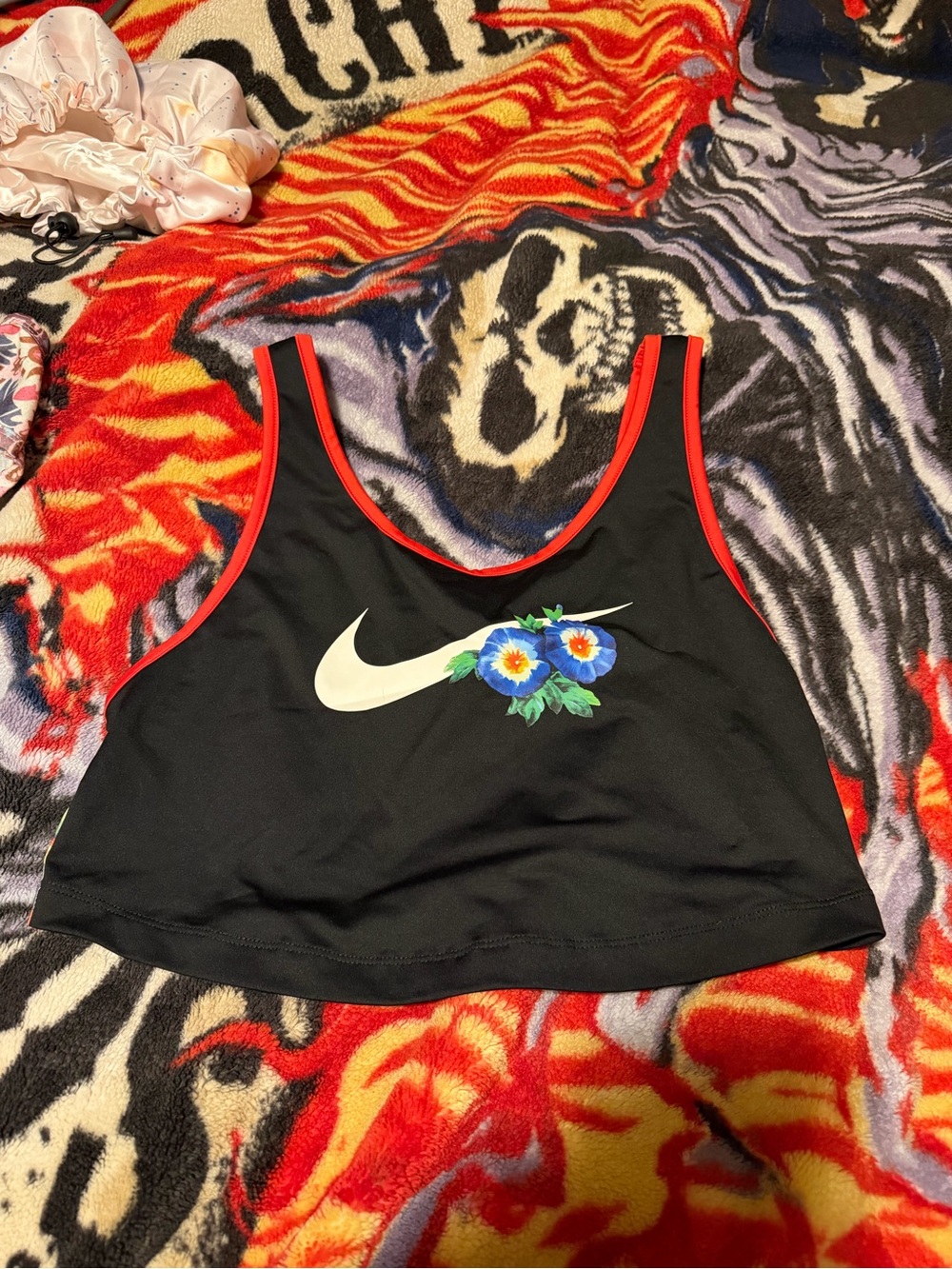 Nike Black Cropped Sports Tank with Red Trim and Floral Swoosh